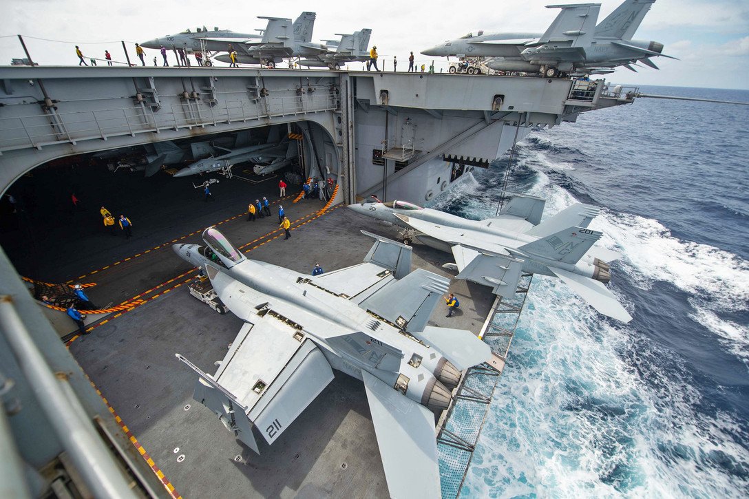 USSStennis (CVN74) lead its carrier strike group ( a number of Aegis Destroyers and amb assault ships) through the Straits of Hormuz last week , US Navy will maintain their presence in the Perian Gulf to deter Iran, which launched small scale military exercises in response.   