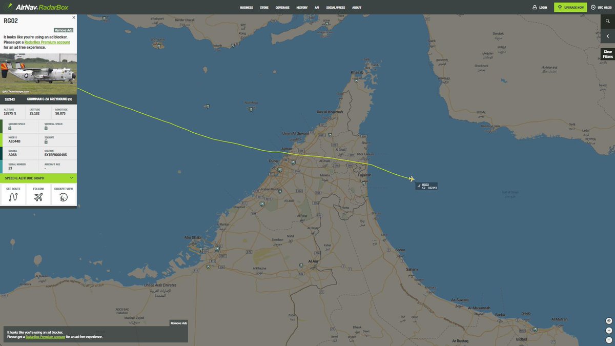 US Navy C-2A Greyhound COD RG02 #USSAbrahamLincoln is currently in the Gulf of Oman  close to the Strait of Hormuz   