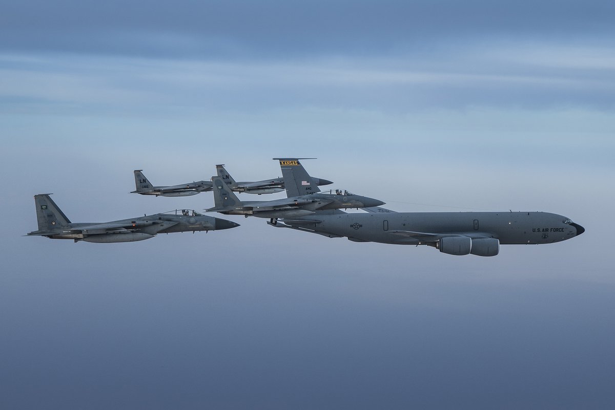 Saudi outlets releasing pictures of Saudi F-15 flying alongside US F-15 and Saudi + US air-to-air refueling aircraft in the Saudi/Persian Gulf   