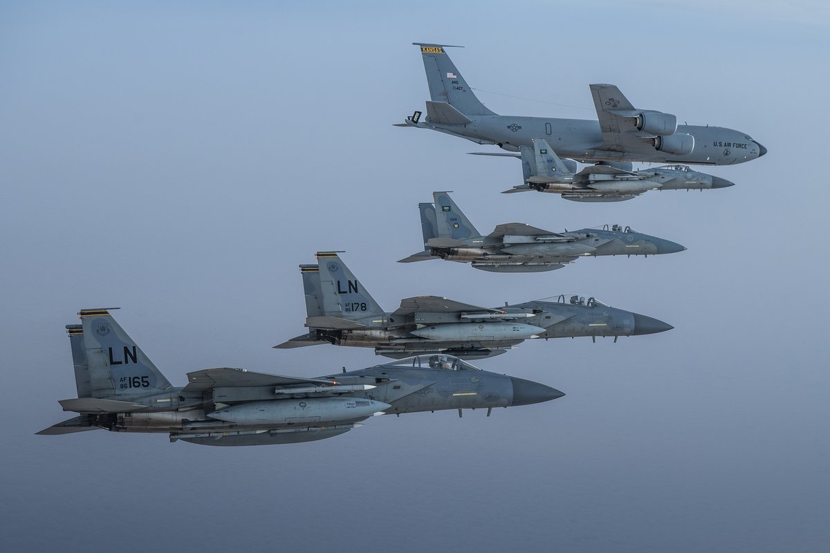 Saudi outlets releasing pictures of Saudi F-15 flying alongside US F-15 and Saudi + US air-to-air refueling aircraft in the Saudi/Persian Gulf   