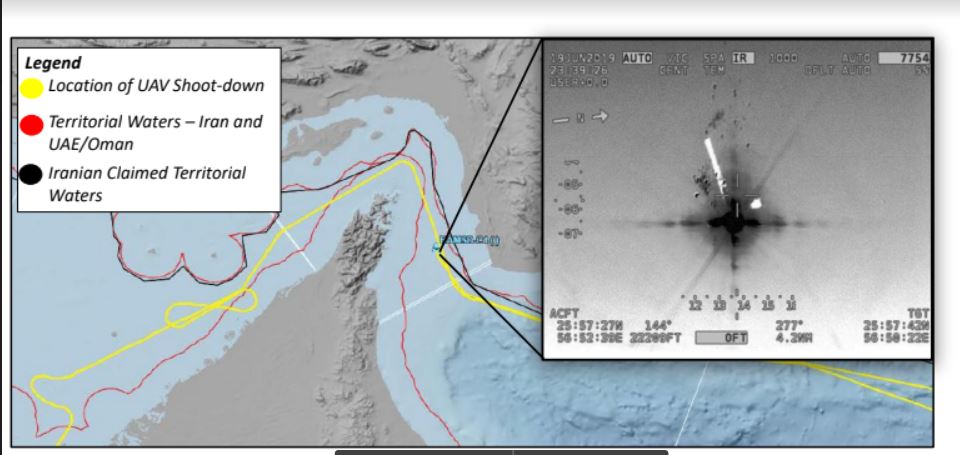 DoD releases flight path of drone and missile, Iran intercept and time of intercept - based on map, it looks like intercept appeared outside Iran's territorial waters, on Oman side   