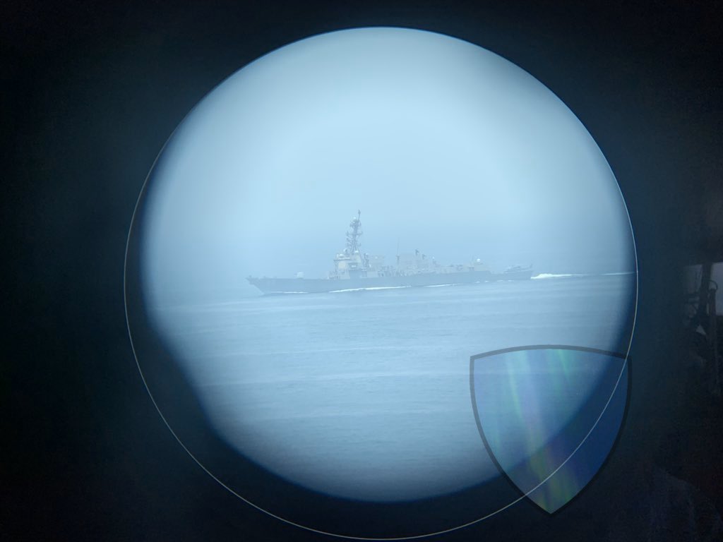 USS Bainbridge spotted today in the Persian Gulf near the Strait of Hormuz escorting US Commercial vessel car transporter Alliance Fairfax.