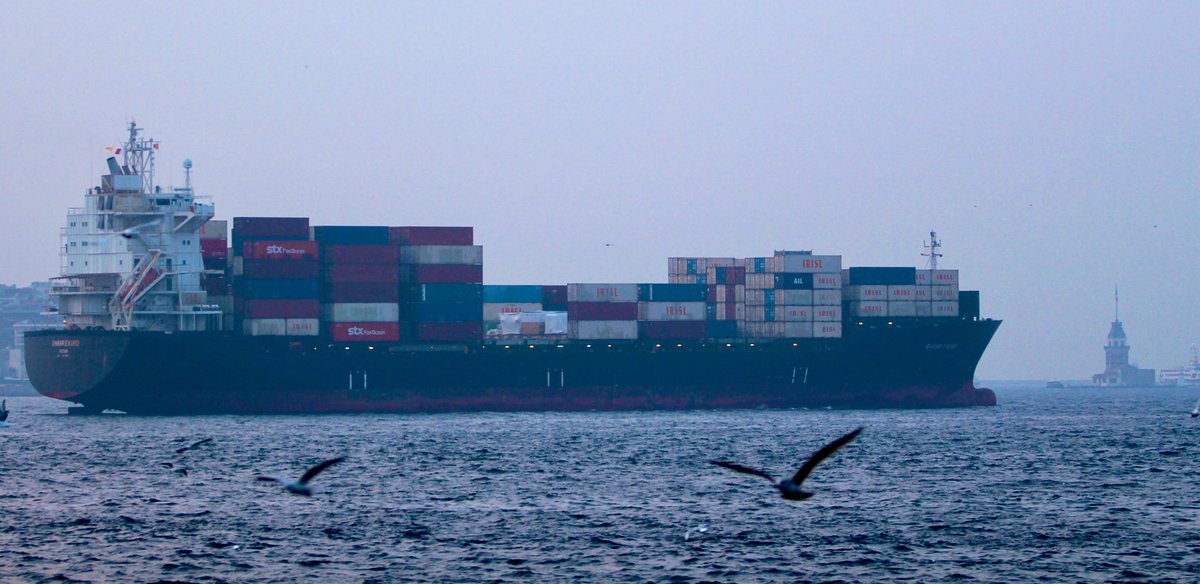 Sanctioned by @USTreasury for providing logistical services to Iran's Min of Defense & ArmedForces, Islamic Republic of Iran Shipping Lines' Iran flag container ship Shahr-e Kord transited Bosphorus towards Med en route from Burgas & Constanta to the Port of Haydarpaşa Istanbul