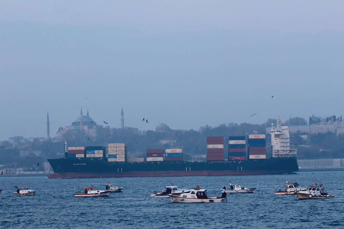 Sanctioned by @USTreasury for providing logistical services to Iran's Min of Defense & ArmedForces, Islamic Republic of Iran Shipping Lines' Iran flag container ship Shahr-e Kord transited Bosphorus towards Med en route from Burgas & Constanta to the Port of Haydarpaşa Istanbul