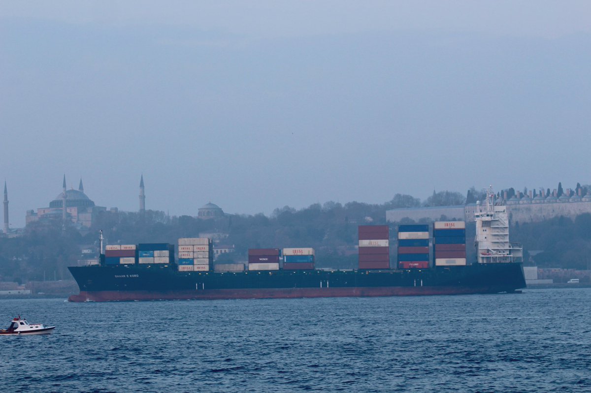 Sanctioned by @USTreasury for providing logistical services to Iran's Min of Defense & ArmedForces, Islamic Republic of Iran Shipping Lines' Iran flag container ship Shahr-e Kord transited Bosphorus towards Med en route from Burgas & Constanta to the Port of Haydarpaşa Istanbul