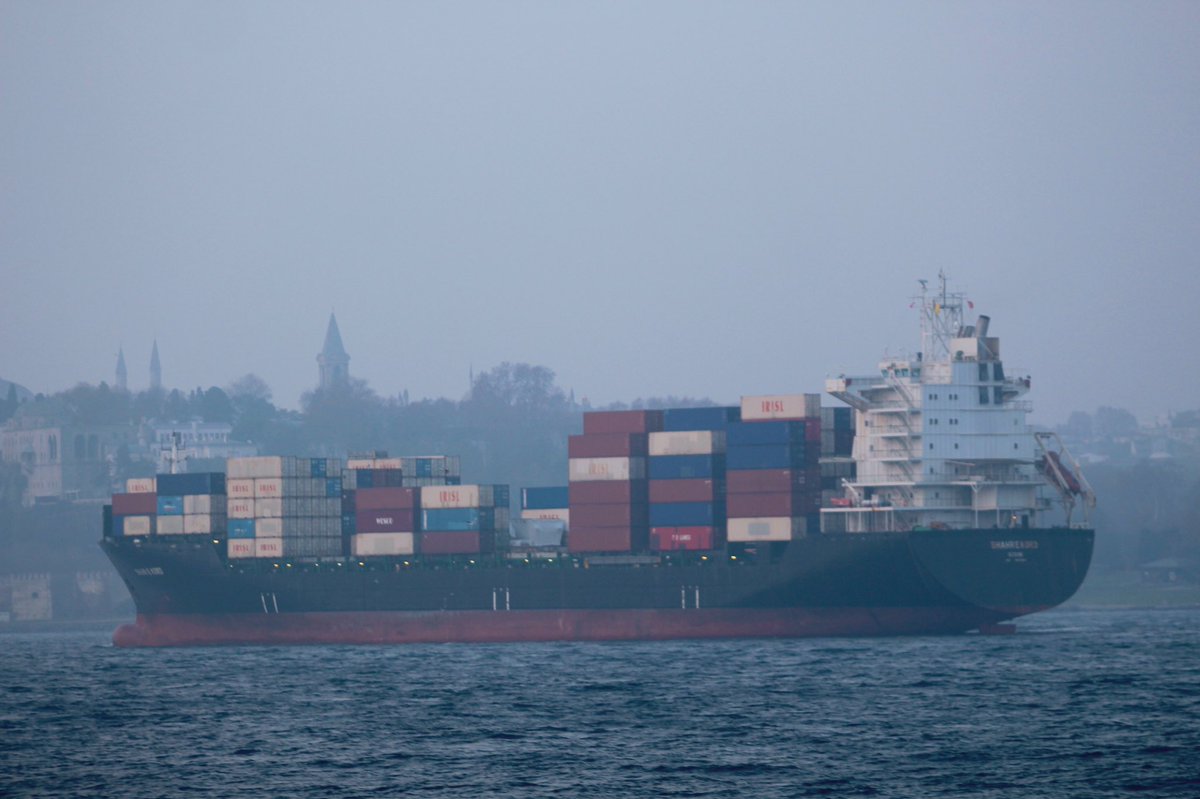 Sanctioned by @USTreasury for providing logistical services to Iran's Min of Defense & ArmedForces, Islamic Republic of Iran Shipping Lines' Iran flag container ship Shahr-e Kord transited Bosphorus towards Med en route from Burgas & Constanta to the Port of Haydarpaşa Istanbul