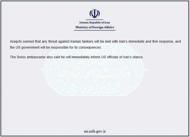 The Iranian foreign ministry has sent a letter, warning the US against taking any action against the Iranian tankers carrying fuel to Venezuela and says that any threat against them will be met with a 'firm response' 
