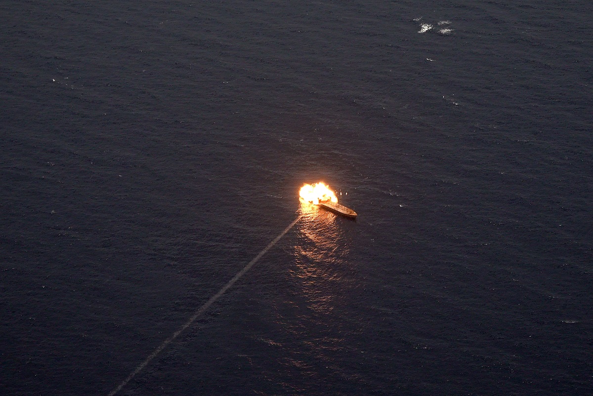 High-res images of what looks like a Nasr-1 (C-704) anti-ship cruise missile hitting a sea target during Iranian exercises earlier today.   An upgraded version of the Qader missile was also tested and said to hit a target 280km away