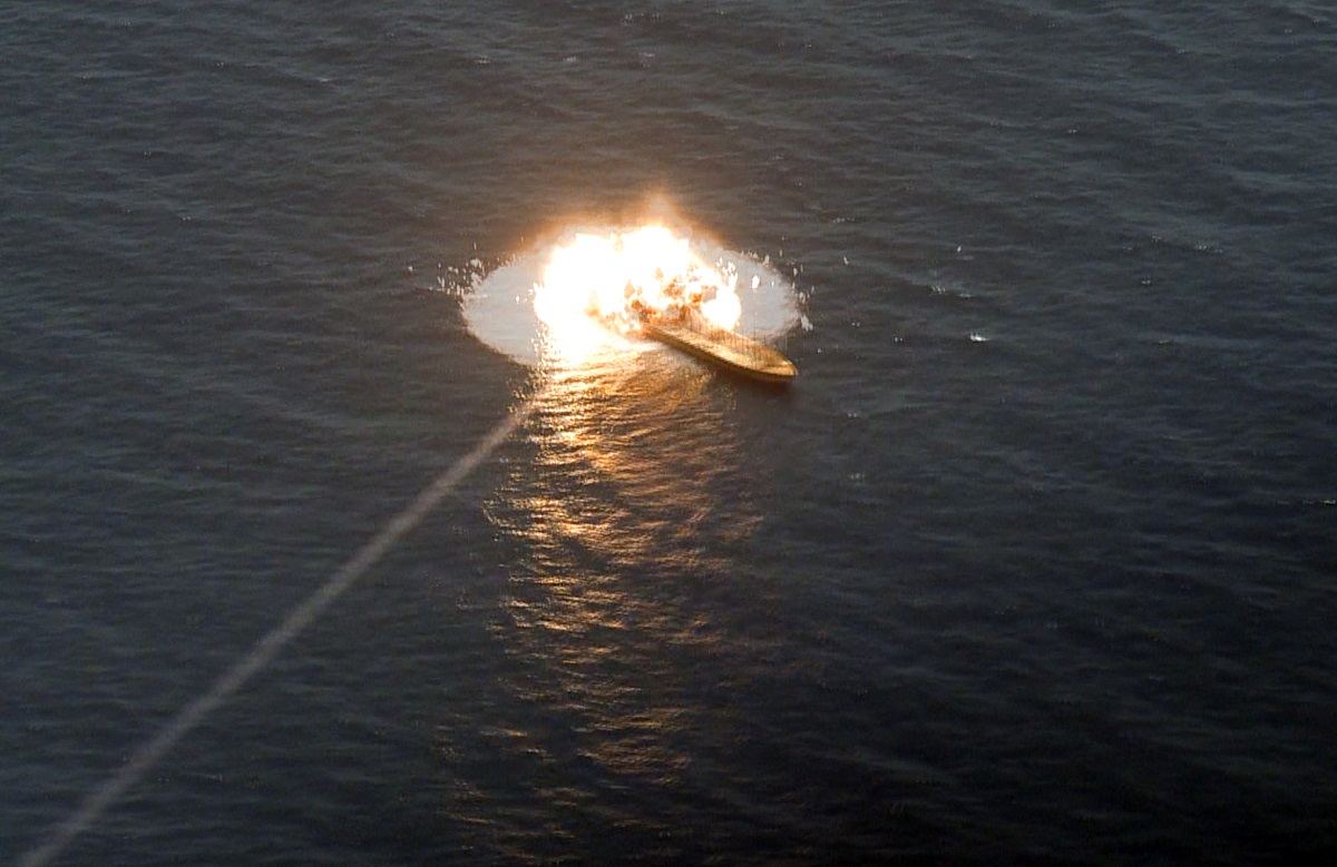 High-res images of what looks like a Nasr-1 (C-704) anti-ship cruise missile hitting a sea target during Iranian exercises earlier today.   An upgraded version of the Qader missile was also tested and said to hit a target 280km away