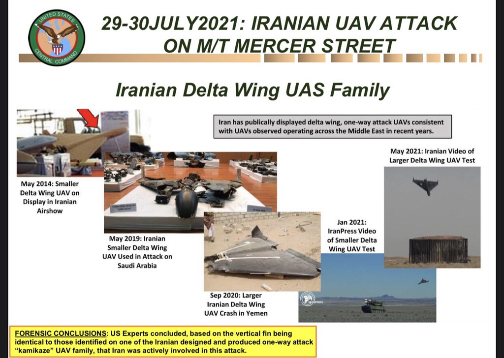 The Wa'id/Shahed-136 is what CENTCOM is assessing is the suicide drone behind the strike on M/T Mercer Street tanker on July 30th