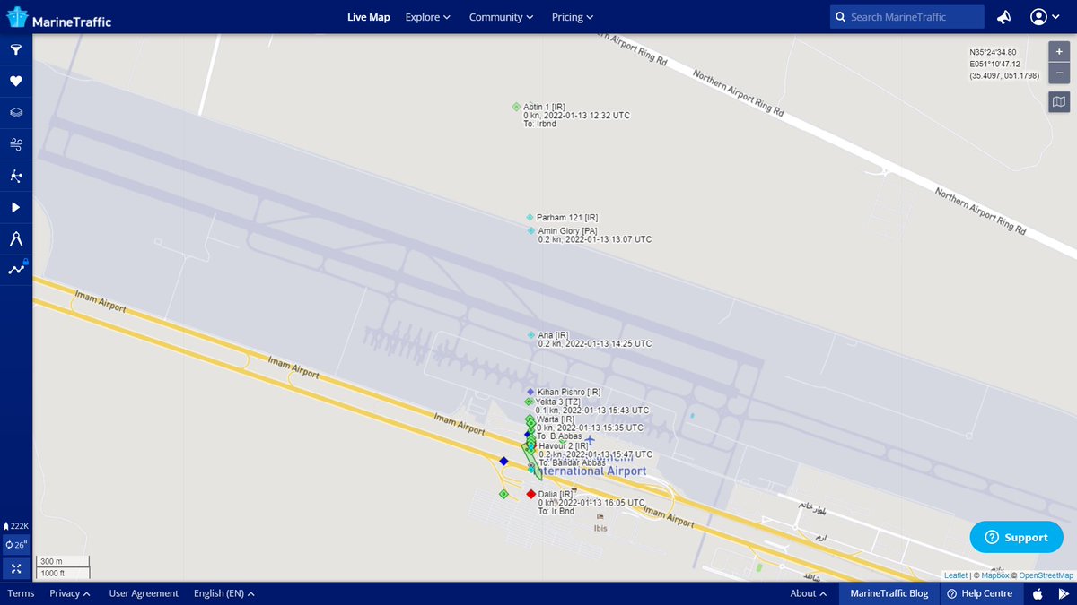 Wholesale AIS spoofing of maritime vessels occurring right now from the Imam Khomeini International Airport south of Tehran, Iran. Around 50 vessels (domestic and foreign-flagged), including a couple of tankers, are falsely identifying themselves from an airport 900km away