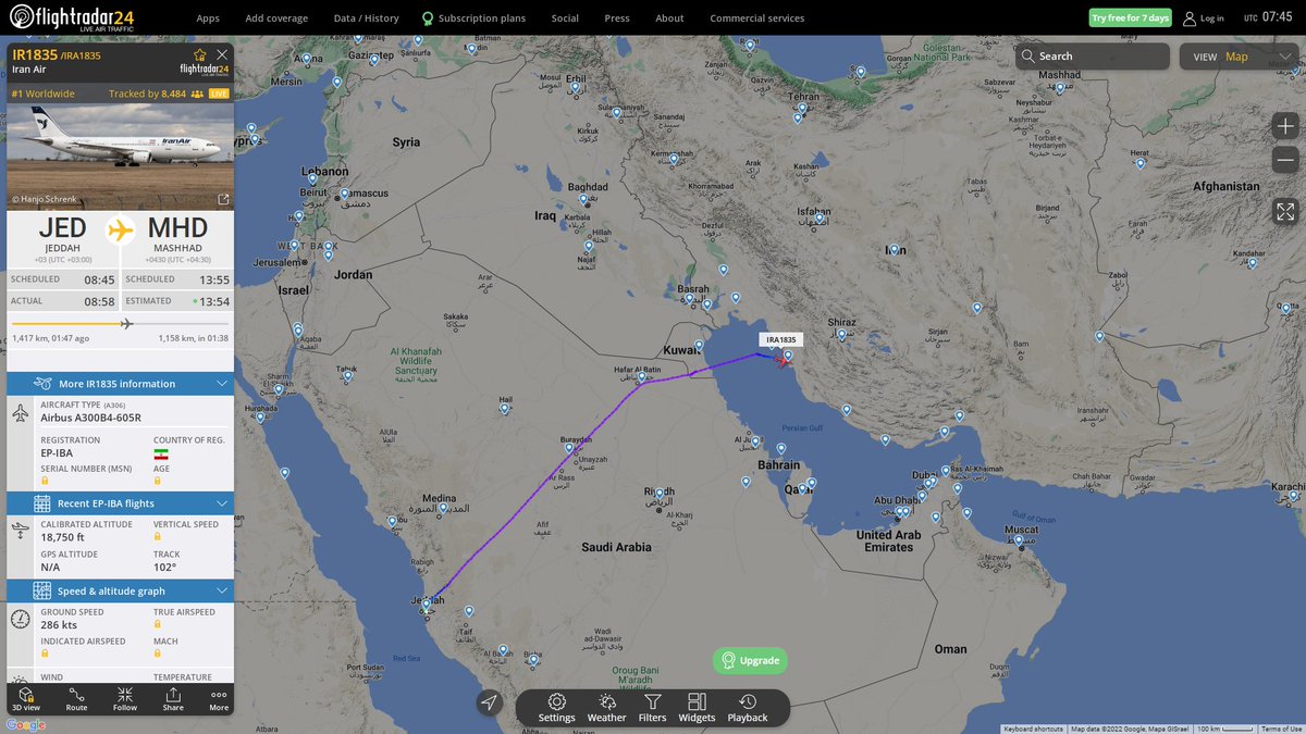 Iran Air flight IRA1835 Jeddah-Mashhad squawking 7700 Emergency