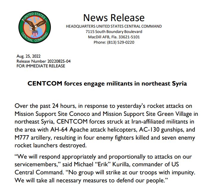 U.S. Central Command:CENTCOM forces engage militants in northeast Syria