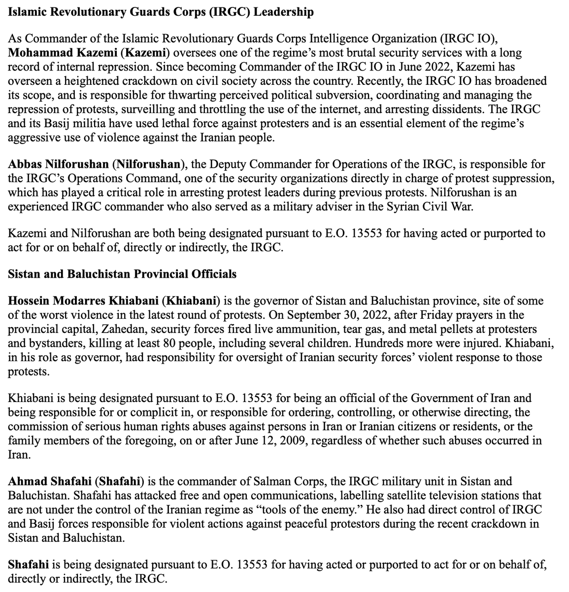 US sanctions Iran officials for protest crackdowns & internet censorship  @USTreasury targeting - IRGC leaders, Sistan/Baluchistan provincial officials, prison officials & cyber actors with Iran's Ministry of Intelligence & Security