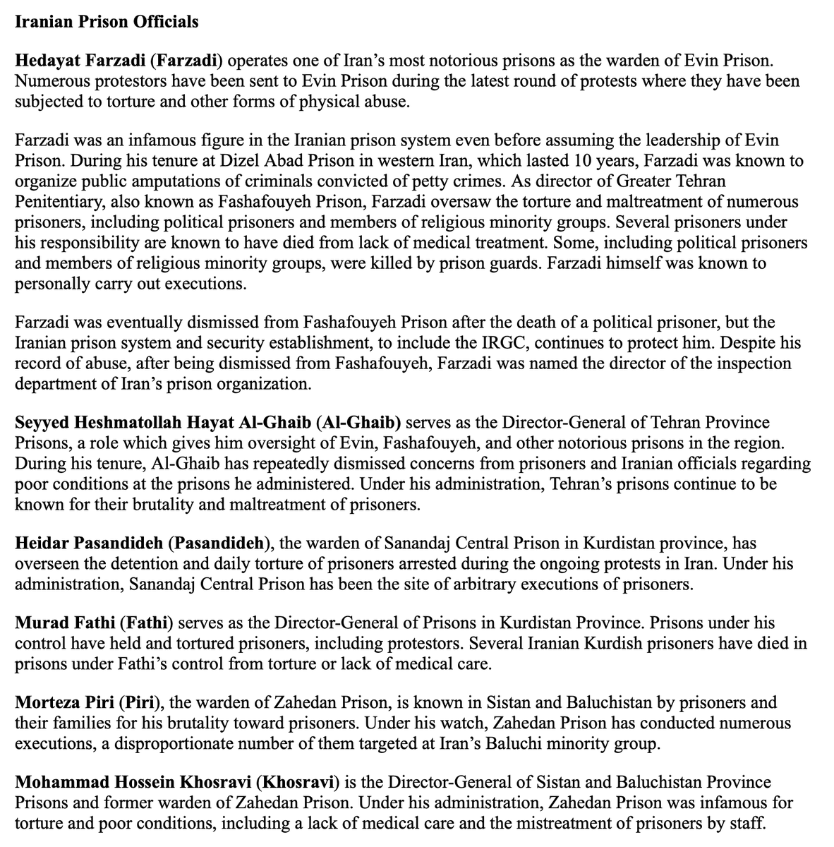 US sanctions Iran officials for protest crackdowns & internet censorship  @USTreasury targeting - IRGC leaders, Sistan/Baluchistan provincial officials, prison officials & cyber actors with Iran's Ministry of Intelligence & Security