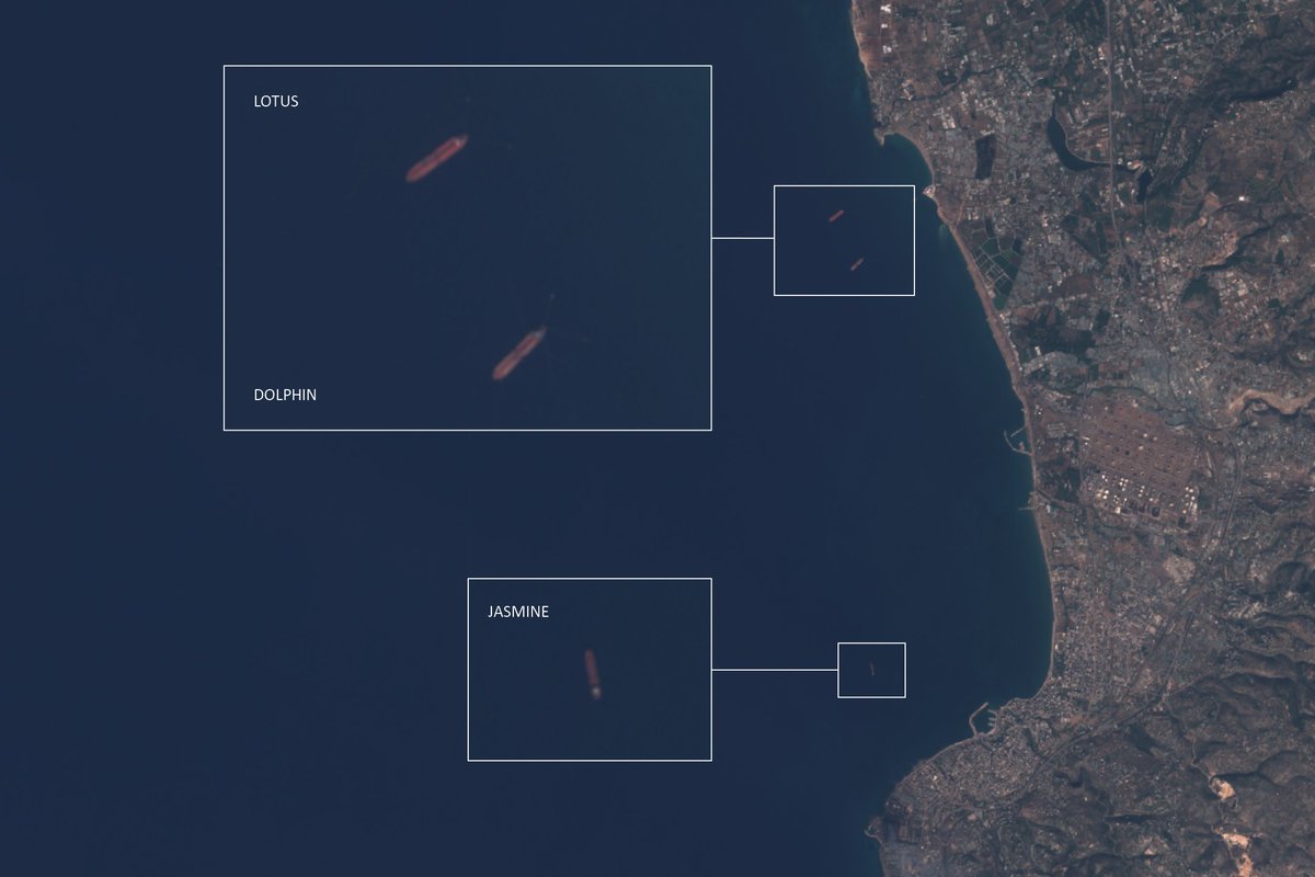 Iranian crude oil deliveries to Baniyas and on a rare occasion to Tartus as well on Sentinel-2 satellite image today