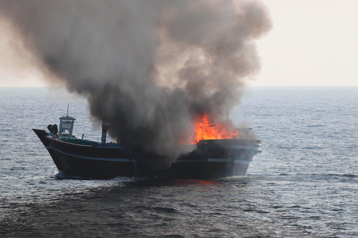 Cornered 29 Oct by 3 US Navy patrol vessels, drug smugglers in the Gulf of Oman set their ship afire and went over the side. SIROCCO PC6 took aboard the meth & hash smugglers while CHINOOK PC9 and THUNDERBOLT PC12 fought the fire but the vessel sank