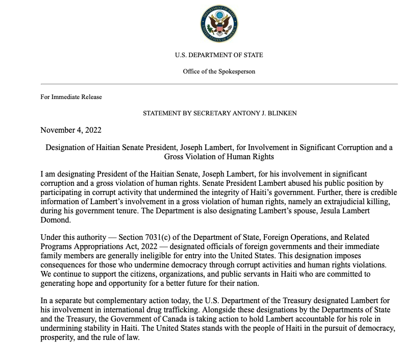 I am designating President of the Haitian Senate, Joseph Lambert, for his involvement in significant corruption and a gross violation of human rights, says @SecBlinken in a statement