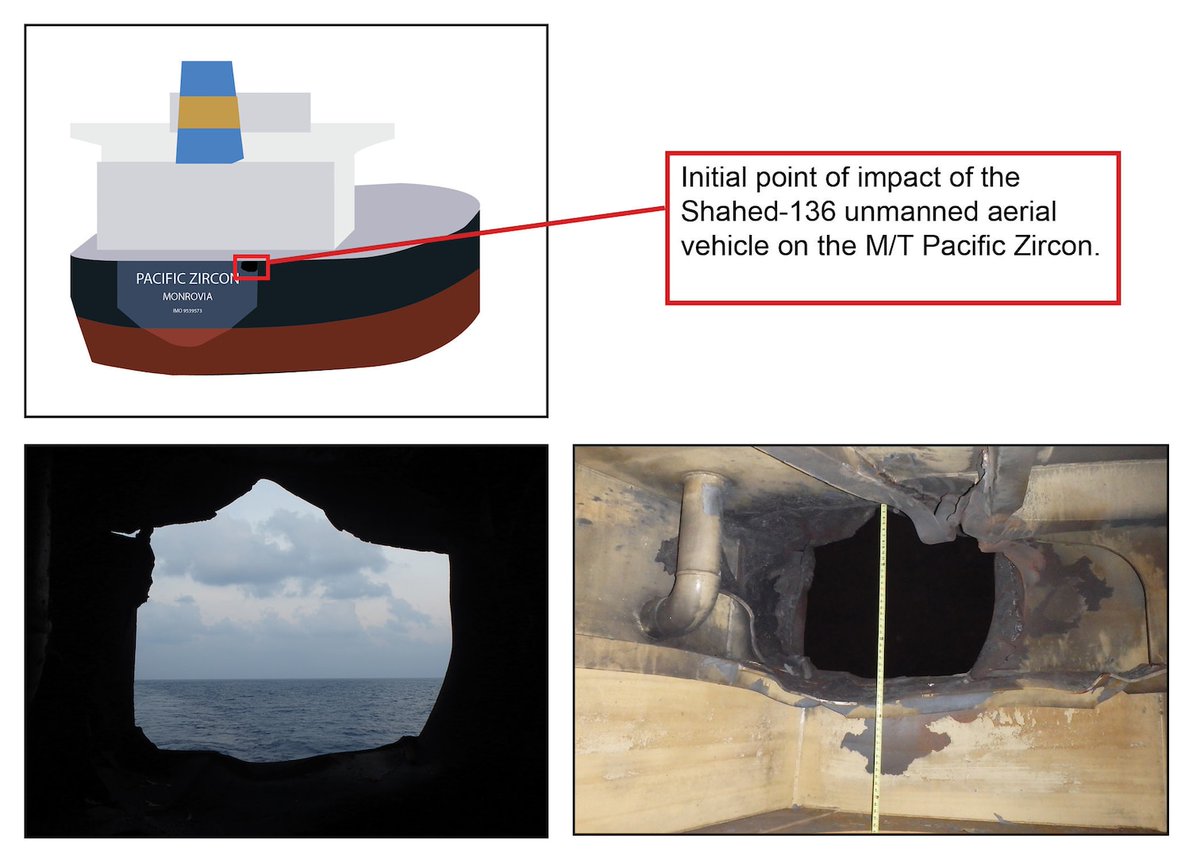 U. S. Central Command published a statement confirming Iran's connection to an attack on the Liberian-flagged Pacific Zircon. Evidence taken from the ship and analyzed by technicians confirmed a Shahed-136 UAV was used in the strike