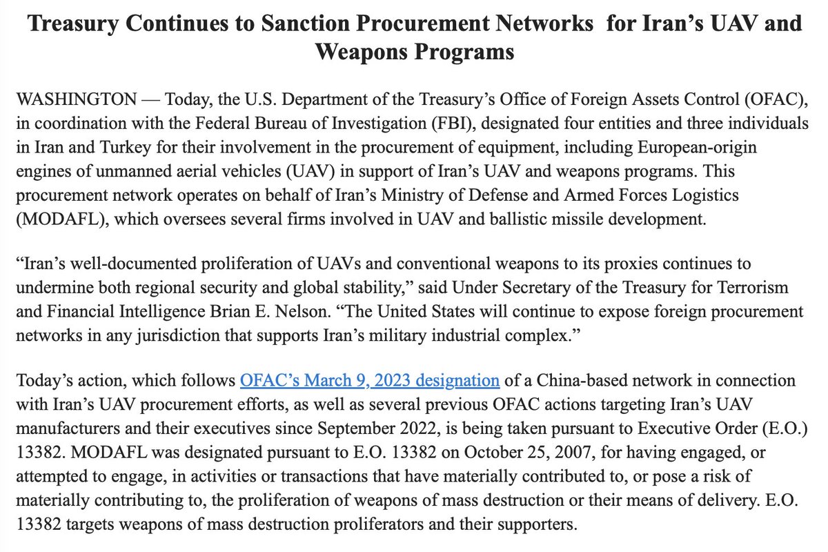US sanctions 4 companies, 3 individuals in Iran & Turkey helping to procure European-made engines for Tehran's drone program.   Per @USTreasury, the sanctioned network was operating on behalf of Iran's Ministry of Defense & Armed Forces Logistics