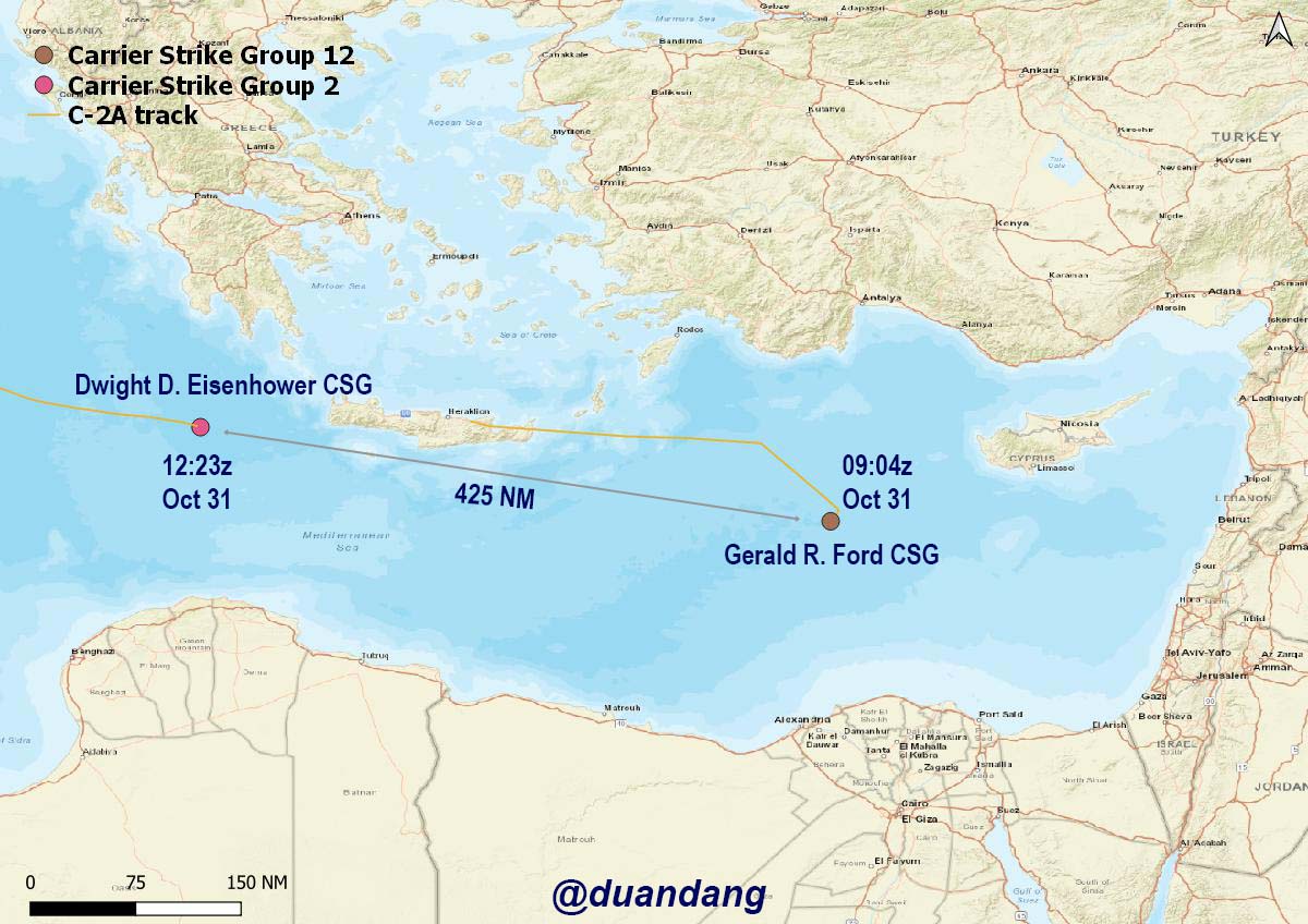 The two carrier strike groups, Dwight D. Eisenhower and Gerald R. Ford, are only about 425 nautical miles apart in the Mediterranean Sea