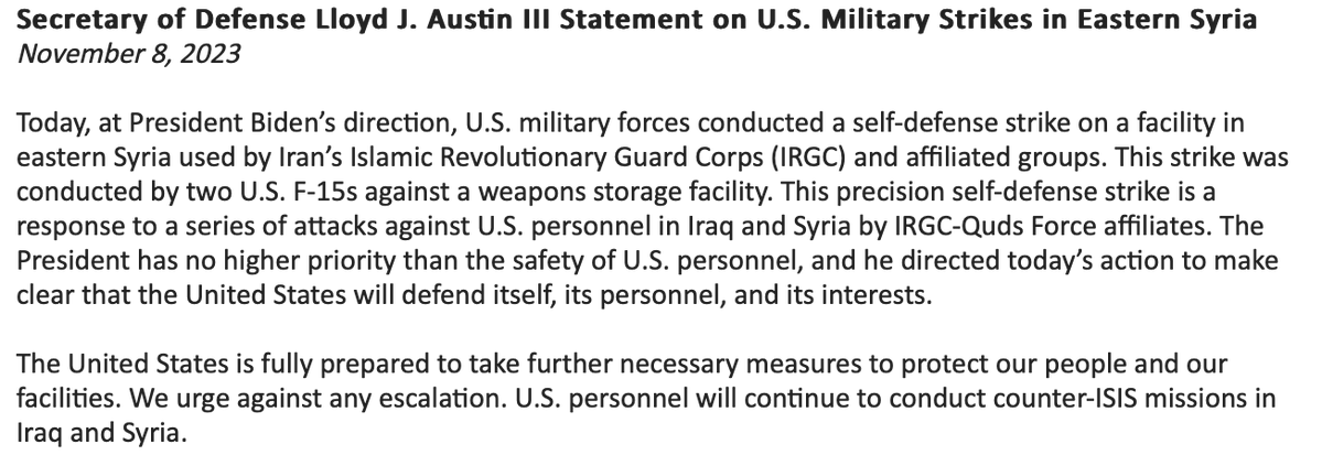 US F-15blast storage facility used by Iran's IRGC, Iranian-backed militias in eastern Syria   This precision self-defense strike is a response to a series of attacks against US personnel in Iraq & Syria by IRGC-Quds Force affiliates per @SecDef Lloyd Austin