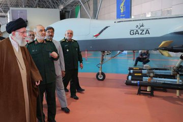 During a visit to a military weapons facility, government leader Khamenei inspected a Fatah 2 hyper sonic missile and a Gaza UAV