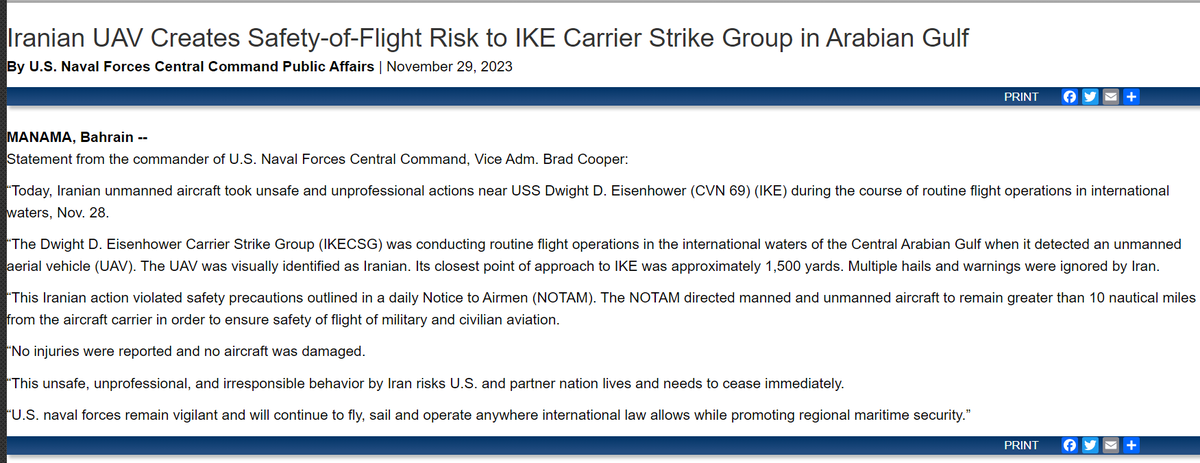 US Fifth Fleet says an Iranian drone took unsafe and unprofessional actions near the USS Dwight D. Eisenhower in the Gulf
