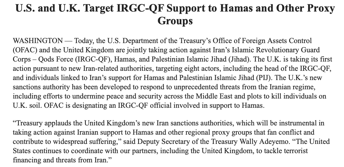 US and UK announce joint sanctions against Iran's IRGC-Quds Force, Hamas and Palestinian Islamic Jihad