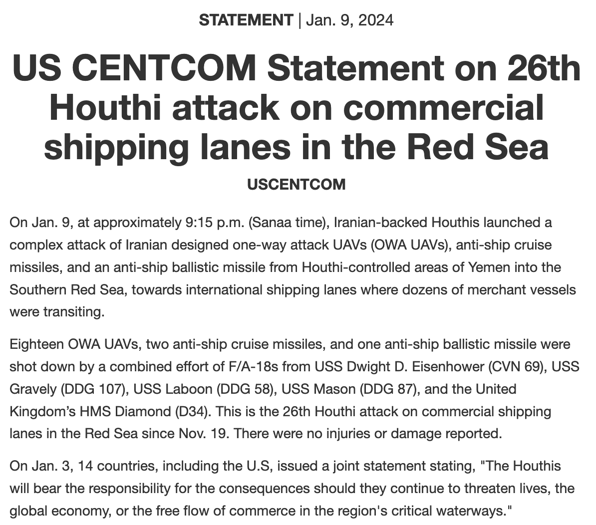 Iran-backed Houthis launch complex attack vs southern RedSea   Per @CENTCOM, the January 9 nighttime attack included: -18 1-way attack drones -2 cruise missiles -1 ballistic missile  US ships, F/A-18s & a UK ship shot them down  This is the 26th Houthi attack since Nov