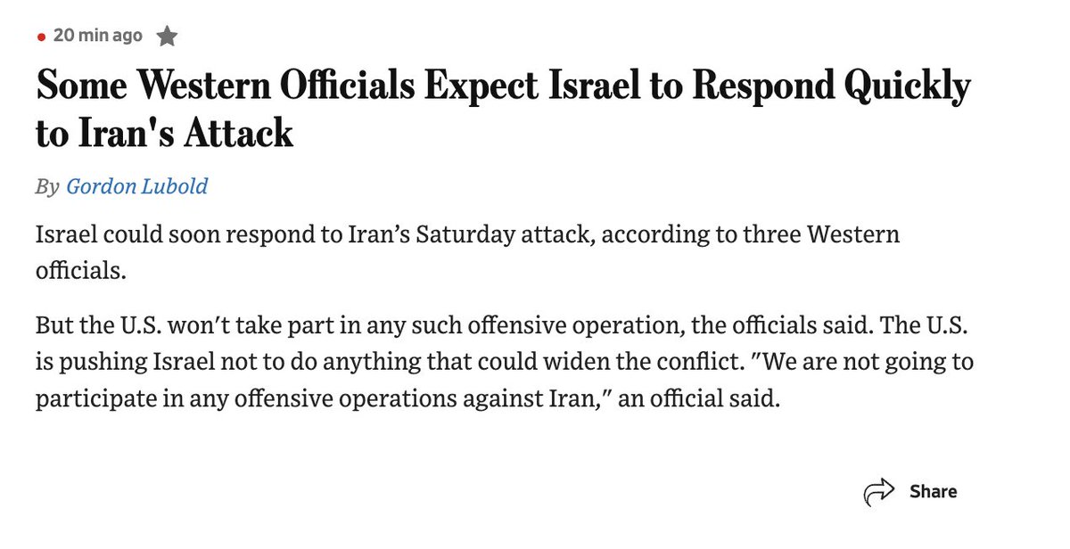 WSJ reports, citing three Western officials, that Israel is expected to soon respond to Iran’s government's attack on Saturday