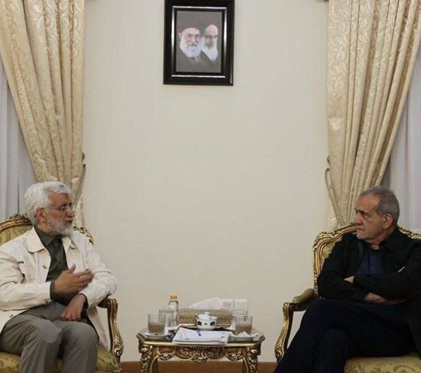 Conservative presidential candidate Saeed Jalili met Iran’s President-elect Masoud Pezeshkian, congratulating his win in the election and discussing the major issues in the country. Pezeshkian said he is ready to receive the views and suggestions of Jalili on different issues