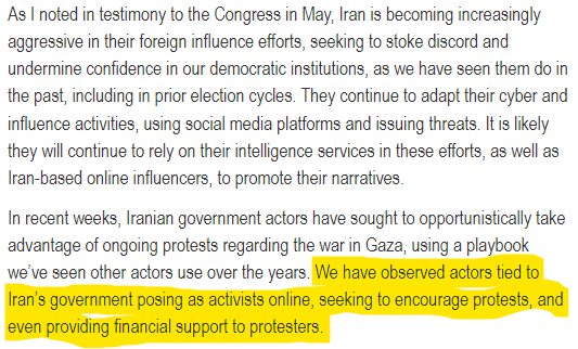 U.S. Director of National Intelligence Avril Haines releases statement that the Iranian government and their influencers are posing as activists supporting anti-Israel protests in the U.S.The Iranian government is even providing financial support to protesters