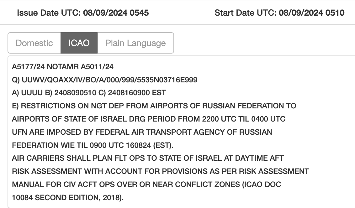 Russland verbietet Flugzeugträgern von heute Abend bis zum 16. August zwischen 22:00 UTC und 04:00 UTC das Überfliegen des israelischen Luftraums