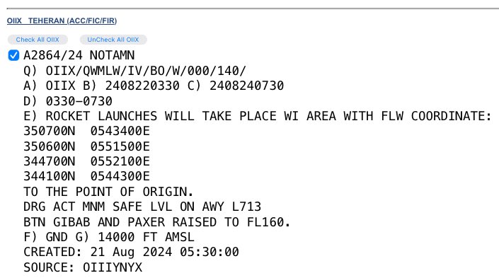 Les autorités iraniennes ont émis un NOTAM pour les tirs de roquettes qui doivent avoir lieu à l'est de Téhéran entre le 22 et le 24 août. Il s'agira probablement d'exercices