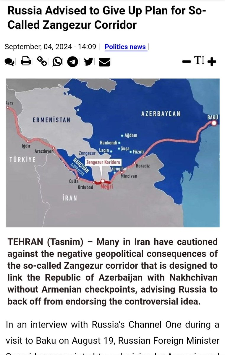 Полуофициално @Tasnimnews_EN: „Русия беше посъветвана да избягва предприемането на мерки, които могат да навредят на стратегическите отношения между Русия и Иран, тъй като идеята за Зангезурския коридор ще създаде нова точка на възпламеняване близо до много деликатните граници на Северозападен Иран.