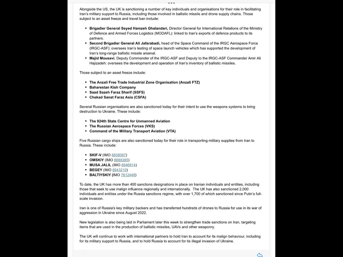 Oficina d'Afers Exteriors del Regne Unit: el govern i els seus socis del Regne Unit responen a la transferència de míssils balístics de l'Iran a Rússia: els socis del Regne Unit i de l'E3 cancel·len els acords bilaterals amb l'Iran, que restringirà els serveis d'Iran Air al Regne Unit i a Europa; El Regne Unit i els EUA anuncien sancions coordinades contra individus i organitzacions iranianes i russes; Vaixells de càrrega russos sancionats pel seu paper en el transport de subministraments militars des de l'Iran a Rússia