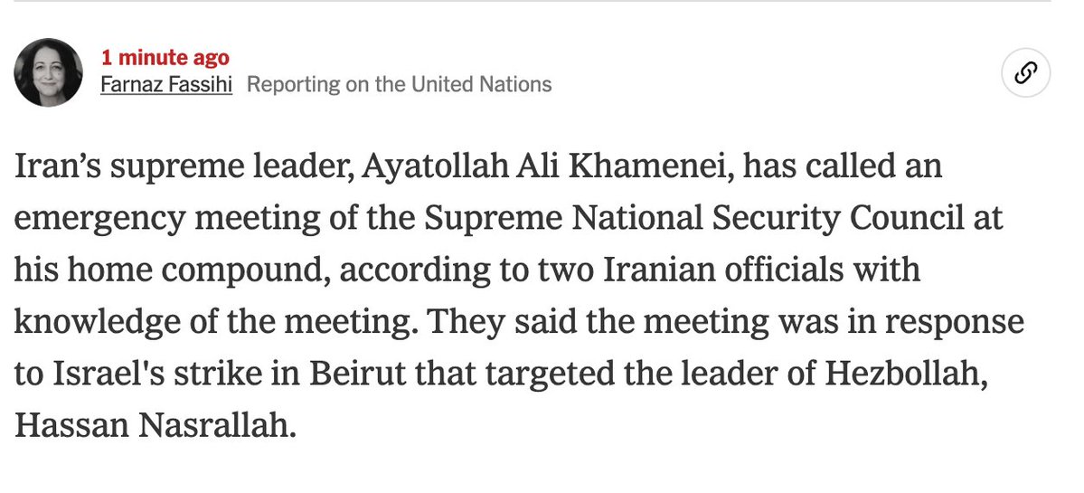 Le guide suprême iranien, l'ayatollah Ali Khamenei, a convoqué une réunion d'urgence du Conseil suprême de sécurité nationale dans son complexe résidentiel, selon deux responsables iraniens au courant de la réunion - NYT