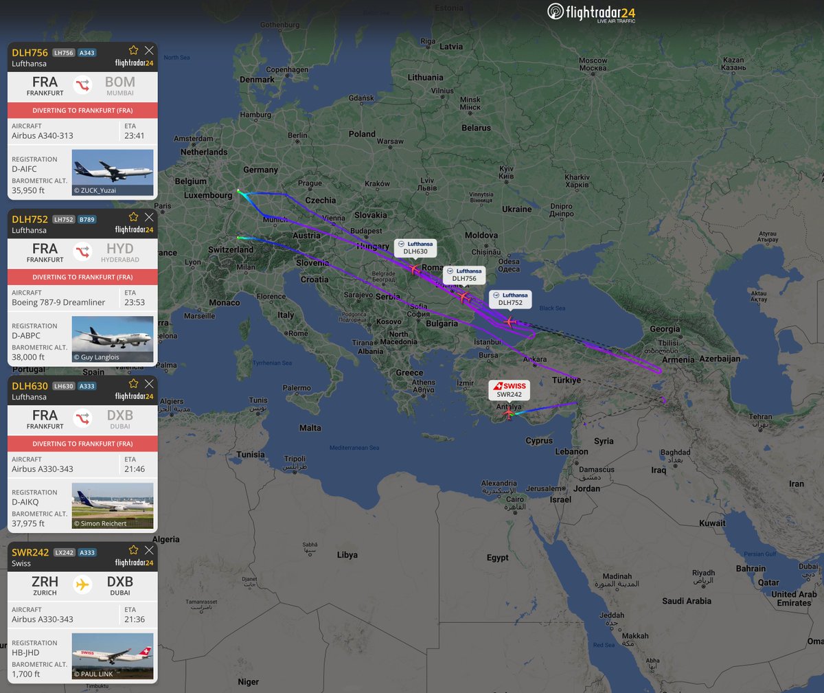 Multiple Lufthansa group flights have turned back to origin, or diverting to alternate in the case of Swiss, prior to reaching Iranian airspace this evening