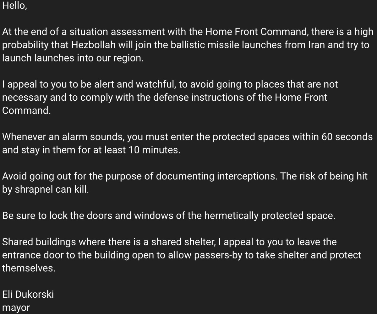 Prefeito de Kyriat Bialik (próximo a Haifa): Ao final de uma avaliação situacional com o Comando da Frente Interna, há uma grande probabilidade de que o Hezbollah se junte aos lançamentos de mísseis balísticos do Irã e tente lançar mísseis em nossa região
