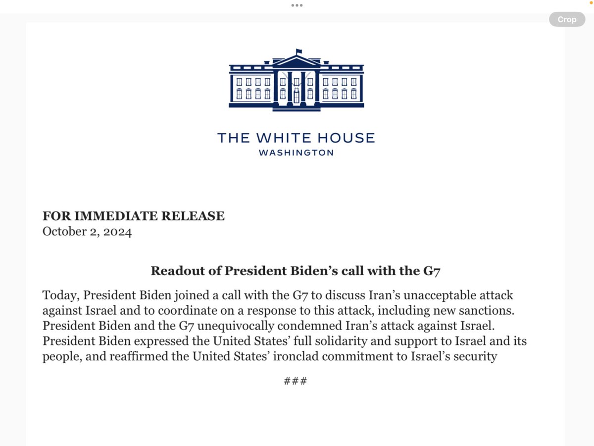 WH: Heute hat Präsident Biden an einem Telefonat mit den G7 teilgenommen, um den inakzeptablen Angriff Irans auf Israel zu besprechen und eine Reaktion auf diesen Angriff, einschließlich neuer Sanktionen, zu koordinieren. Präsident Biden und die G7 haben den Angriff Irans auf Israel eindeutig verurteilt.