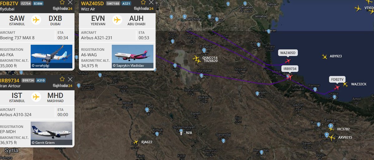 Flights flying near Tehran are diverting amid reports of explosions heard in the city