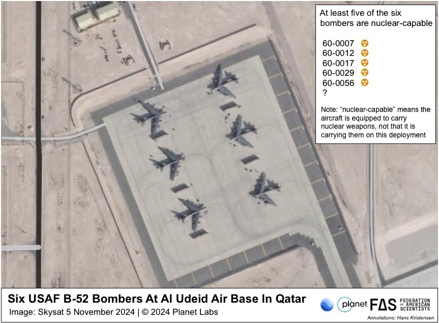 Confirming the images we published yesterday: High-resolution satellite images show the arrival and deployment of 6 B-52 strategic bombers at Al Udeid Air Base in Qatar. Satellite images updated today confirm the deployment of 4 US Air Force B-52 strategic bombers at Al Udeid Air Base in Qatar