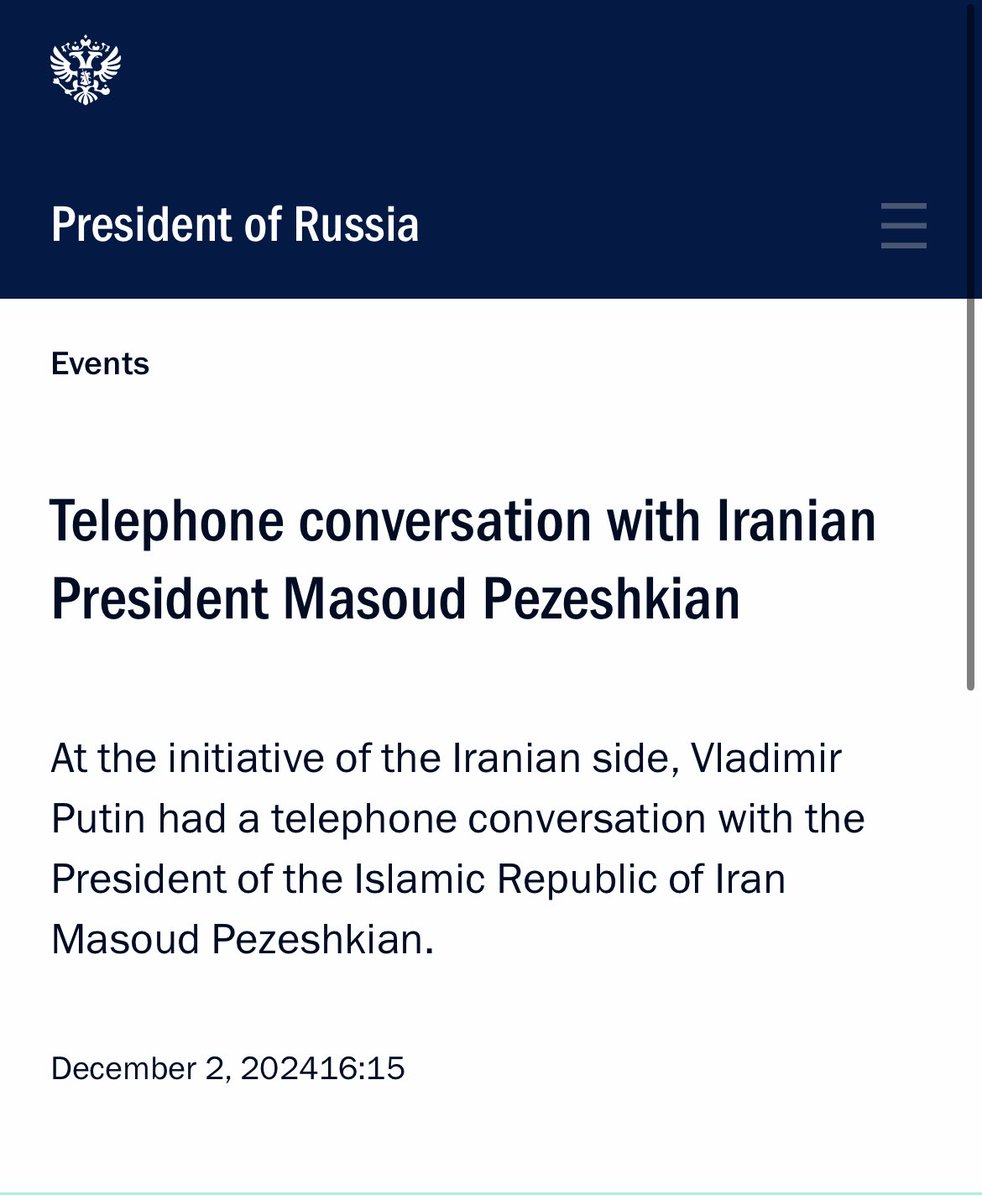 Putin and Iran’s Pezeshkian express “unconditional support” for the Pro-Assad forces actions to restore the constitutional order and territorial integrity in a phone call Importance of “Astana format with the participation of Turkey was also emphasized