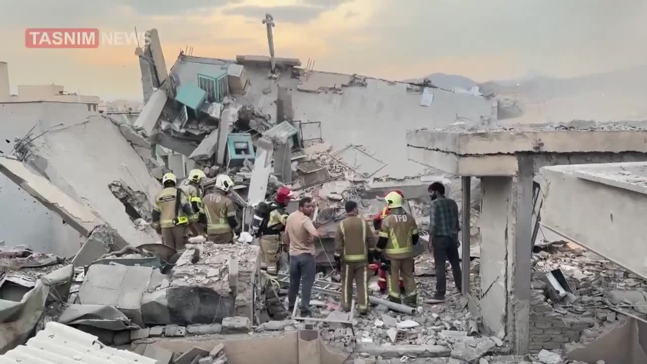A video published by the IRGC-affiliated Tasnim News shows a building destroyed in the Israeli airstrikes against Narmak in eastern Tehran