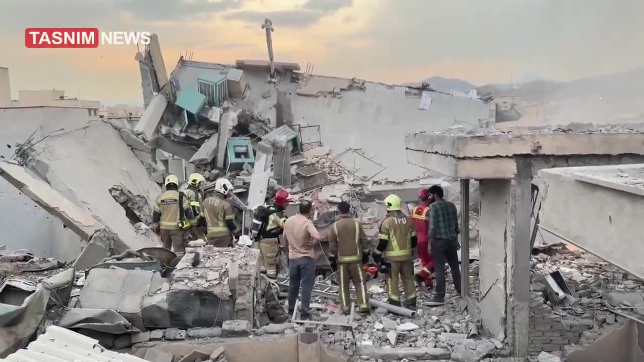 A video published by the IRGC-affiliated Tasnim News shows a building destroyed in the Israeli airstrikes against Narmak in eastern Tehran