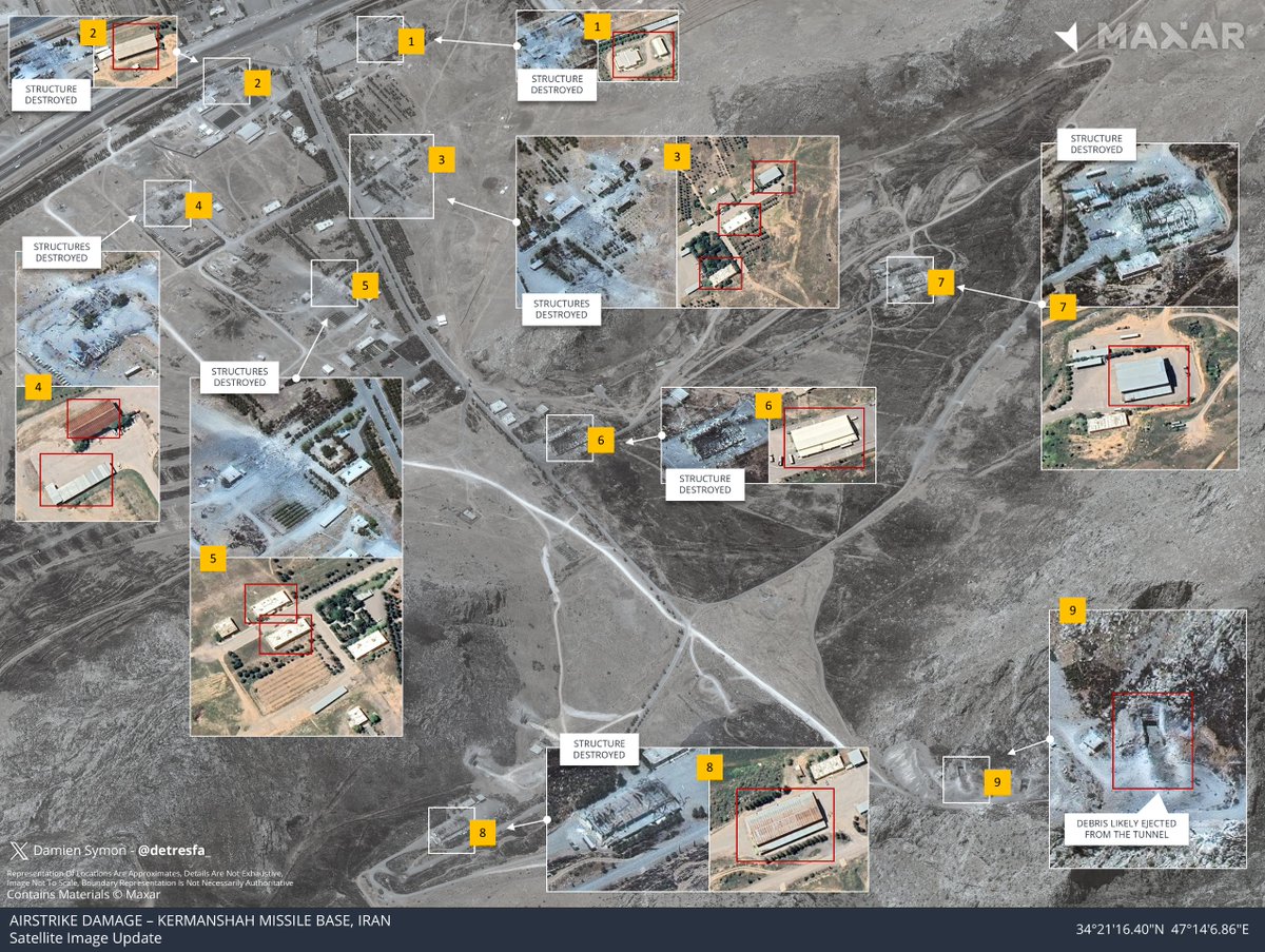 Imagery released by Maxar shows, in detail, the damage at Kermanshah missile base, Iran after it was struck by Israel