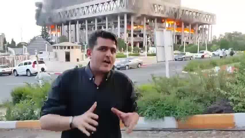 Major fire burns following Israeli airstrikes on Iran's main broadcasting service. The reporter live on air at the time of the airstrike has resumed broadcasting from a different location