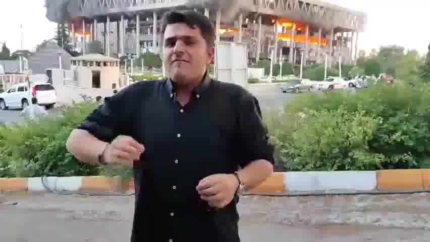 Major fire burns following Israeli airstrikes on Iran's main broadcasting service. The reporter live on air at the time of the airstrike has resumed broadcasting from a different location