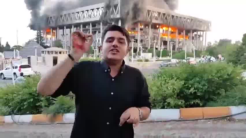 Major fire burns following Israeli airstrikes on Iran's main broadcasting service. The reporter live on air at the time of the airstrike has resumed broadcasting from a different location